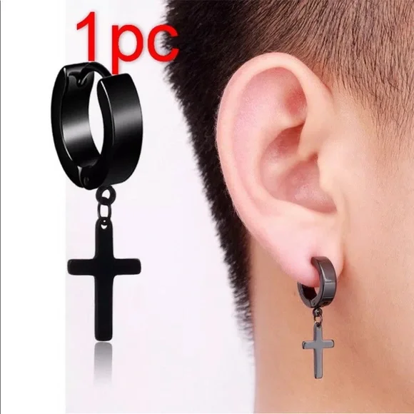 New 1 Piece  Punk Stainless Steel Cross Earrings Ear Stud Hoop Street Hip Hop - Picture 2 of 4